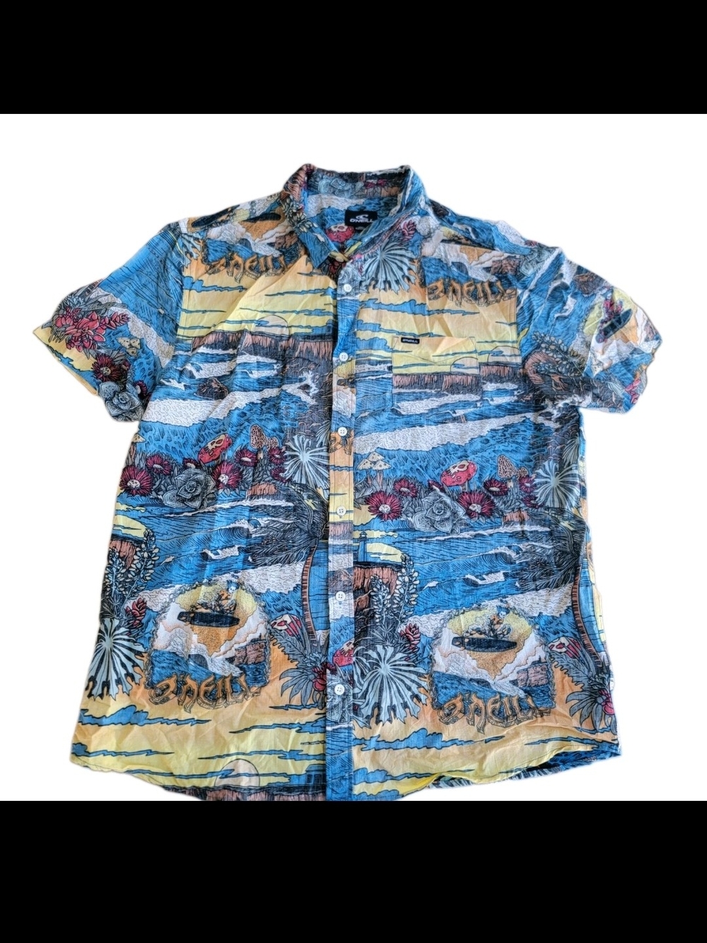 O'Neill Blue and Yellow Tropical Print Button-Down Shirt